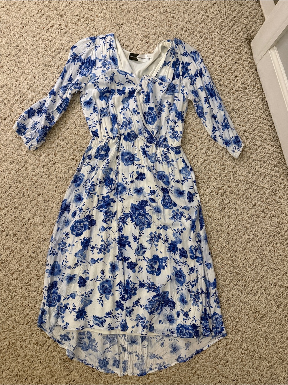 Blue Floral High-Low Midi Dress with 3/4 Sleeves
